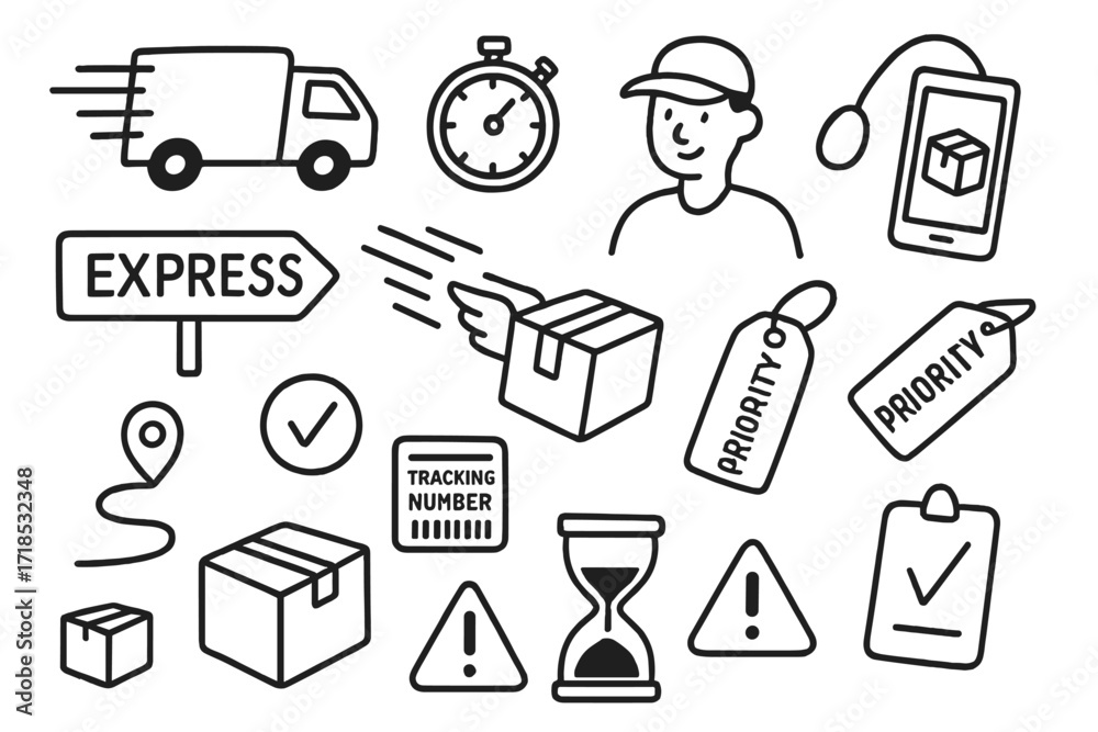 Express Delivery Icons. Hand-drawn doodle illustration Express delivery ...