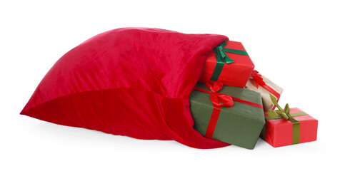 Wall Mural - Santa Claus bag with Christmas gifts isolated on white
