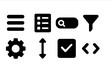 © Coosh448 - Digital Menu Icons. Solid, filled icon set of digital menu interface: hamburger menu, dropdown list, search bar, filter icon, settings gear, scroll bar,