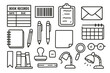 © Svitlana - Library Essentials Doodles. Hand-drawn doodle illustration Book records checkout card, barcode, clipboard, notebook, pencil, pen, paper, stamp, magnifying