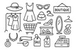 © Coosh448 - Fashion Store Icons. Hand-drawn doodle illustration fashion store district hat, dress, sunglasses, purse, shoe rack, clothes rack, necklace, shopping card,