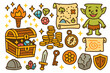© Влада Яковенко - Treasure Dungeon Adventure. Colorful Hand-drawn doodle Children illustration Treasure dungeon golden chest, sparkling gems, coin pile, smiling