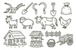 © Влада Яковенко - Traditional Farming Icons. Hand-drawn doodle illustration traditional peasant farming plow, hoe, sickle, shovel, sack, basket, goat, sheep, cow, chicken,