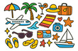 © Coosh448 - Tropical Vacation Doodles. Colorful Hand-drawn doodle Children illustration Luxury vacation beach umbrella, palm tree, cocktail glass, sun hat, suitcase,
