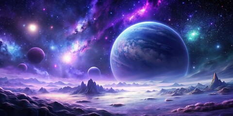 Wall Mural - A breathtaking panorama of an alien world, featuring a vibrant nebula, majestic mountains, and a colossal planet dominating the cosmic landscape.