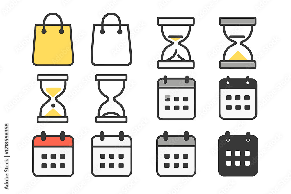 Uniform Icon Grid. Three rows: each row shows one object in variations ...