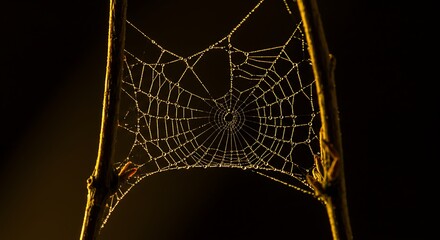 Illustration of a detailed closeup of a spider web, adorned with tiny water droplets, suspended between two branches in soft, warm light