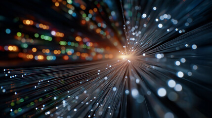 Wall Mural - Digital Highway: The radiant interplay of fiber optic cables and points of light, evoking the essence of high-speed data transmission, innovation, and global connectivity. 