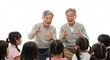 © momoka - 笑顔輝く老人二人 子供達に優しく語りかける 温かい光と笑顔. AI Generated
