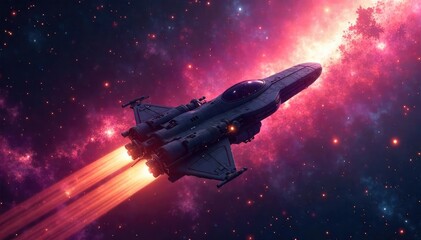 Wall Mural - Majestic Spaceship Soaring Through Vibrant Nebula, Stardust Trail, Cosmic Exploration, Sci-Fi Fantasy Artwork