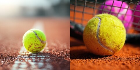 Two tennis balls; one on court line, one in racquet