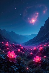 Wall Mural - Vast field of luminous, bioluminescent alien plants thriving under a nebula, extraterrestrial flora, glowing vegetation , light, glow