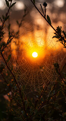 an enchanting spiderweb sparkling with morning dew catching the golden sunrise and hinting at nature
