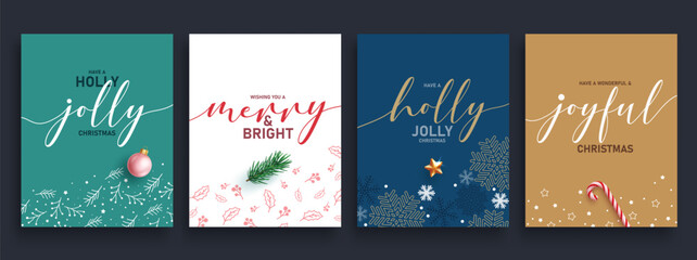Wall Mural - christmas greeting card calligraphy clipart poster set. christmas greeting card clip art with holly 