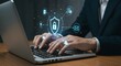 © Hisamsyah - Secure data protection and network security systems. VPN connections and zero trust security. Man using laptop computer with an encrypted data security system.