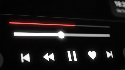 Close-up of a media player's interface with glowing white buttons and a red progress bar on a dark background.