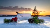 Frozen candle at winter sunset