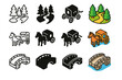© Марія Томилович - Whimsical Journey Icons. Icon Set of Tale Journeys: Forest path, Horse carriage, Bridge. Icons set in vector style, emblematic variations. Forest path line,