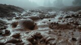 Bubbling mud volcano erupts with primal force amidst misty wilderness, a raw display of Earth's dynamic power and untamed beauty.