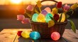 © Wirawan - A charming basket filled with colorful Easter eggs and tulips, bathed in the warm glow of the sunset.