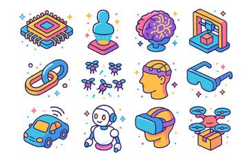 Tech Breakthroughs Icons. Colorful isometric vector icons set of Tech breakthroughs: quantum chip, hologram display, AI brain, 3D printer, blockchain chain,