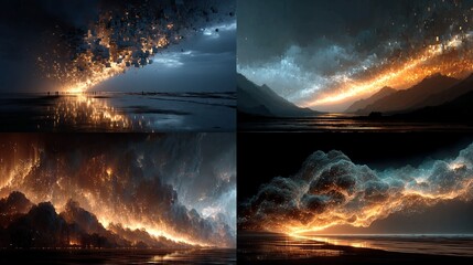 Witness breathtaking celestial phenomena illuminating dramatic landscapes with vibrant cosmic energy, inspiring awe and wonder for your next project.