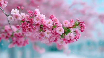 Close Up Pink Cherry Blossoms Blooming on Tree Branch Against Soft Blue Sky