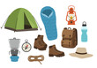 © Chico Store - Camping gear tent sleeping bag lantern backpack water bottle boots hat stove compass and rope