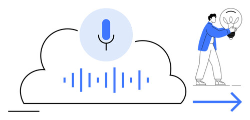 Microphone over cloud with soundwave visuals and a person carrying a lit bulb. Ideal for innovation, technology, voice commands, cloud services, AI growth, creativity, problem-solving, simple flat