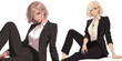 © hakule - A confident female character with short blonde hair is seated in a black suit, exuding elegance and strength. Her expression is serious, adding to her presence.