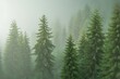 © Nishat Begum - Closeup view of tall green pine trees emerging from thick morning fog in a forest