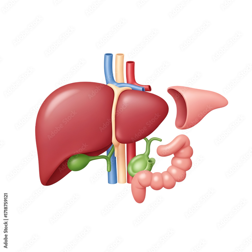 Diagram of the human liver and associated organs, showing blood vessels ...