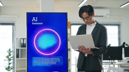 Developer asian programmer giving a presentation about artificial intelligence assistant system in modern office,using digital screen with a glowing brain interface,AI technology in corporate setting