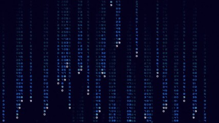 Abstract animation featuring a continuous stream of glowing numbers and code flowing down a screen, reminiscent of a computer program, hacking interface, or data analysis