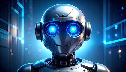 A detailed, close-up image of a futuristic, chrome robot head with glowing blue eyes, against a blurred, tech-inspired background