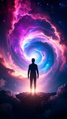 Wall Mural - Silhouette of a person facing a swirling, colorful nebula in space, standing on a rocky, cloud-covered landscape, cosmic journey