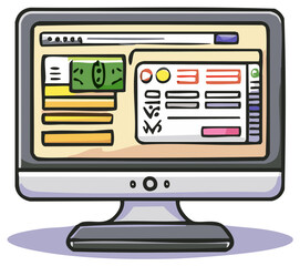 Cartoon computer monitor with website screen and green bill symbol.