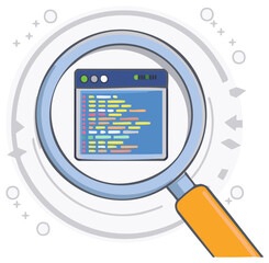 Magnifying glass over computer code with search or analysis concept