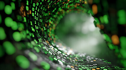 A futuristic tunnel or pipeline created from a stream of glowing binary code, with a mix of green, white, and orange characters. It evokes a sense of fast-moving data and digital information.