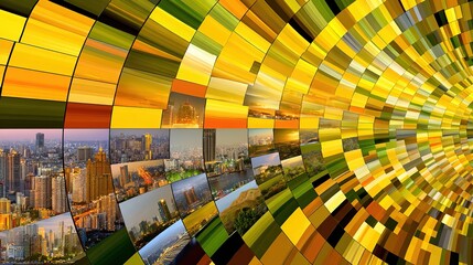 Wall Mural - Vibrant Circle Abstract Design with Urban Landscape Elements