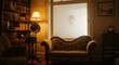 © muharsakas - A dimly lit vintage room with a bookshelf phonograph settee and a frosted window revealing a ghostly figure