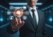 © MstMorjina - Businessman touching AI interface with icons for brain, robot, cloud, and security suit screen