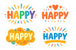 © Marie - Colorful happy text designs for joyful celebration, cheerful lettering with decorative elements, festive vector set with rainbow and floral accents, vibrant happiness theme illustrations