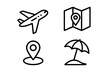 © Valentina - Travel and vacation line icon set. Collection of simple outline pictograms including plane, map with pin, location marker, and beach umbrella. For web design, mobile app, UI, UX.