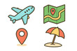 © Valentina - Travel vacation icon set. Plane, map, location, beach umbrella vector icons for tourism, holiday, trip. Summer journey symbols for navigation, app, web design, ui, ux. Cartoon.