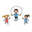 © MAHIJA PROJECT - Happy cartoon children playing together a boy jumping rope and two girls running with skipping ropes smiling joyfully.