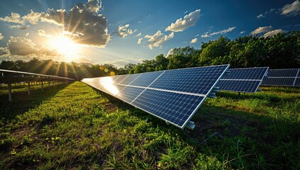 A picturesque sunset illuminates a solar panel farm, nestled in a verdant field, showcasing clean energy technology against a vibrant sky