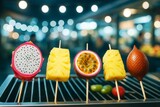 Colorful tropical fruit skewers including dragon fruit, pineapple, passion fruit, and salak on grill with festive blurred lights background. Ai generative