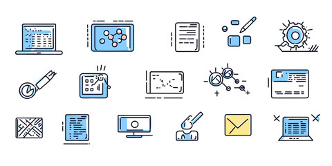 Hand drawn vector software development icons set including laptop coding interface, programming code editor, algorithm symbols, computer monitor, and digital tools in minimalist style