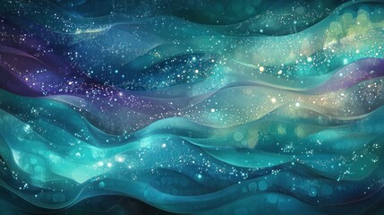 A surreal abstract background with light bursts, glowing stars, and gentle waves in shades of teal, purple, and blue, creating a dreamlike atmosphere